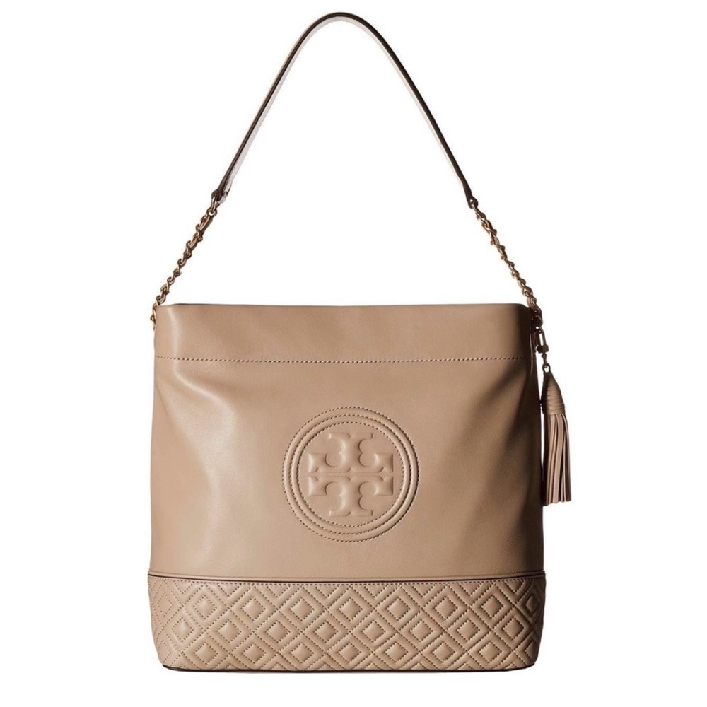 Tory Burch Beige Leather Shoulder Bag with Quilted Detailing